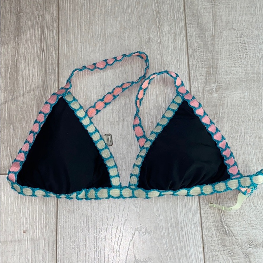 Black and neon crochet bikini top